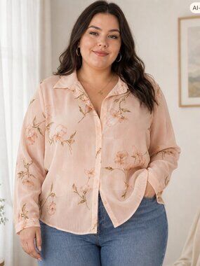 Vintage Y2K Style Studio Sheer Peach Floral Button Down Blouse